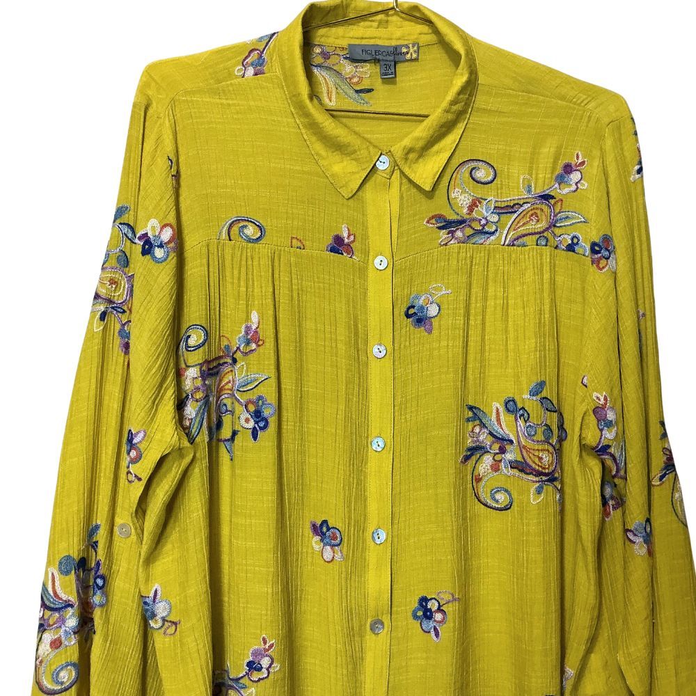 Figueroa & Flower Embroidered Button Front Blouse 3X Boho Peasant Top Crinkled